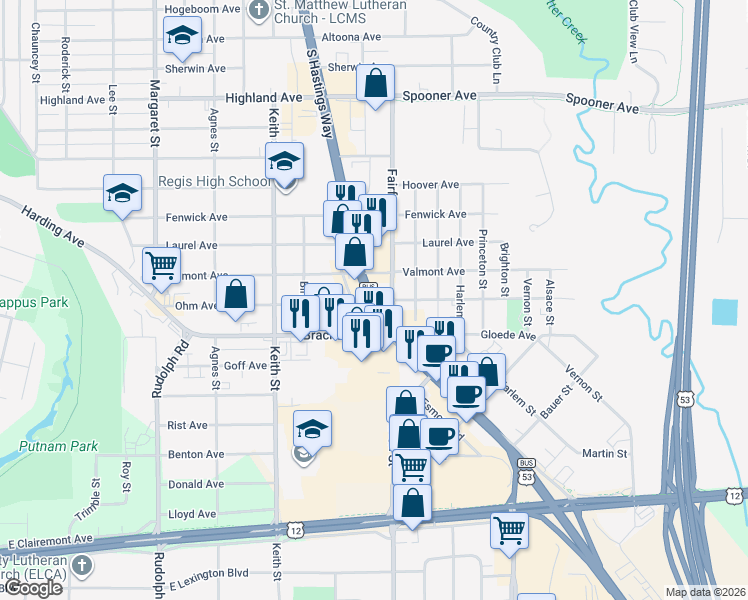map of restaurants, bars, coffee shops, grocery stores, and more near 1783-1799 S Hastings Way in Eau Claire
