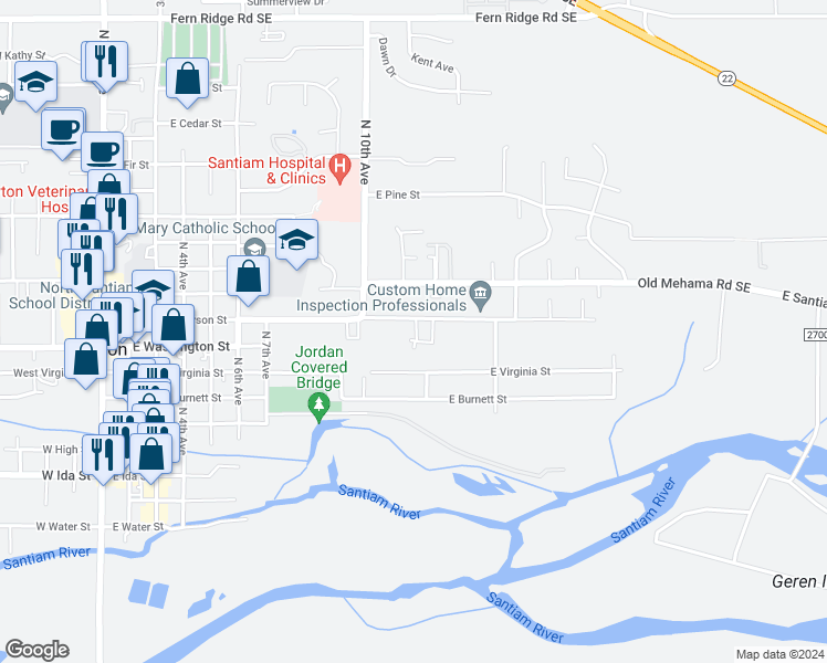 map of restaurants, bars, coffee shops, grocery stores, and more near 1160 East Jefferson Street in Stayton