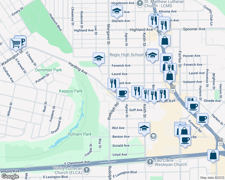 map of restaurants, bars, coffee shops, grocery stores, and more near 1709 Harding Avenue in Eau Claire
