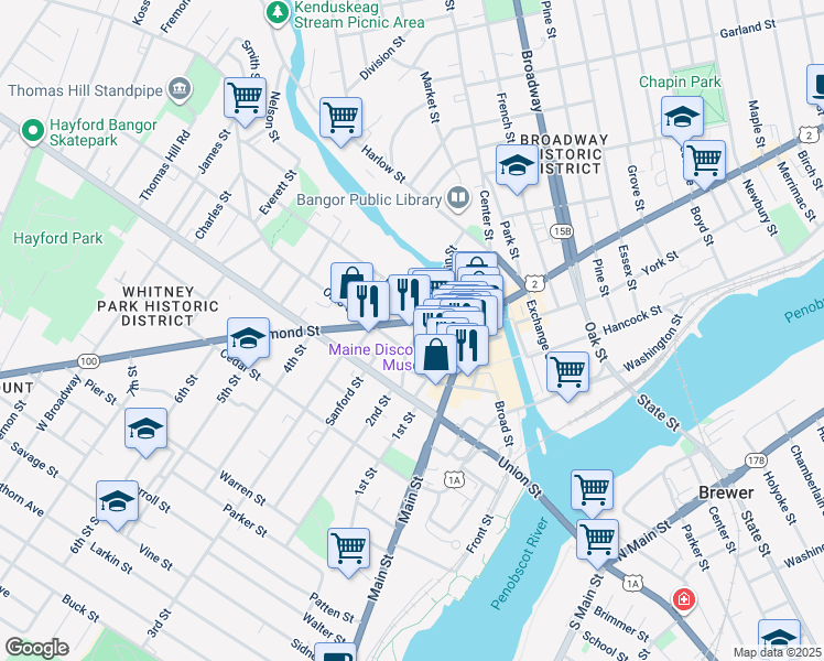 map of restaurants, bars, coffee shops, grocery stores, and more near in Bangor