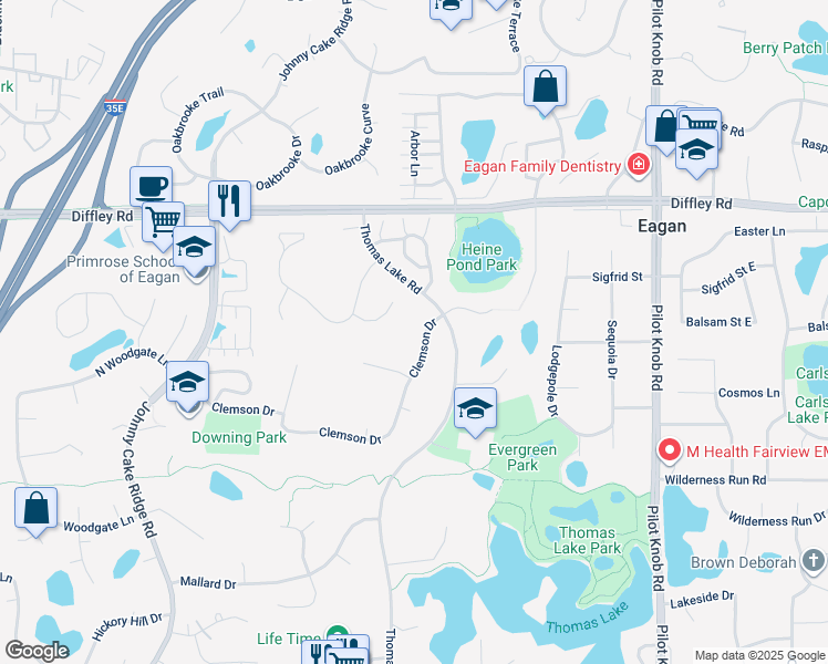 map of restaurants, bars, coffee shops, grocery stores, and more near 1535 Clemson Drive in Eagan