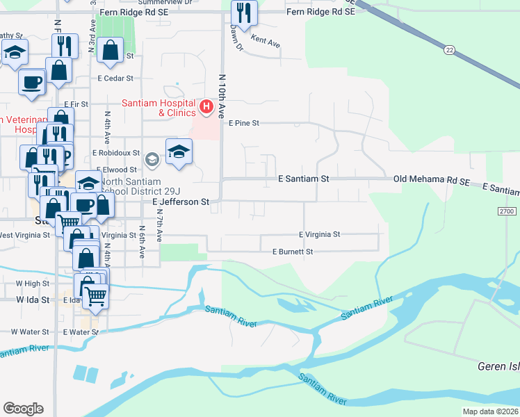 map of restaurants, bars, coffee shops, grocery stores, and more near 1157 East Virginia Street in Stayton