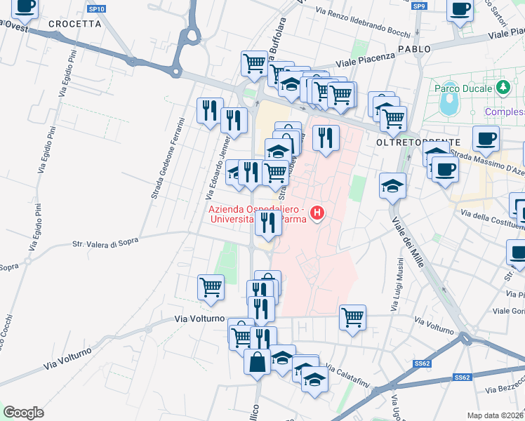 map of restaurants, bars, coffee shops, grocery stores, and more near 27 Via Alexander Fleming in Parma