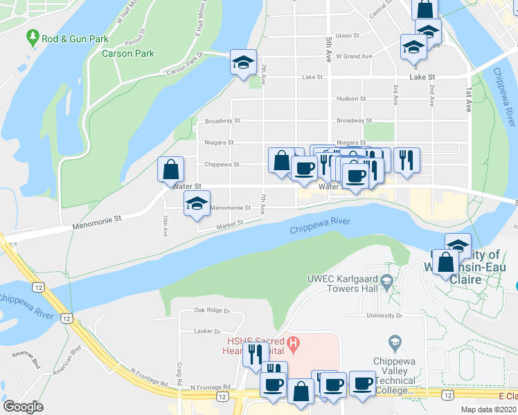 map of restaurants, bars, coffee shops, grocery stores, and more near 710 Menomonie St in Eau Claire