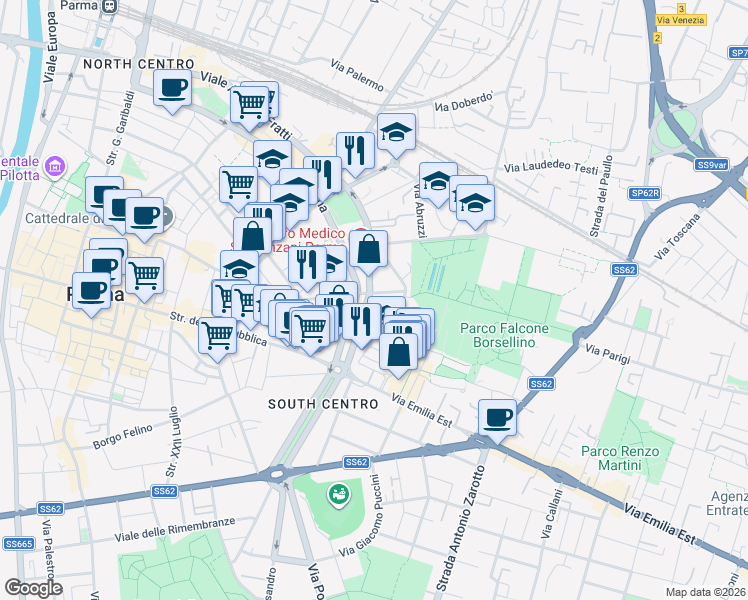 map of restaurants, bars, coffee shops, grocery stores, and more near 21 Viale Mentana in Parma