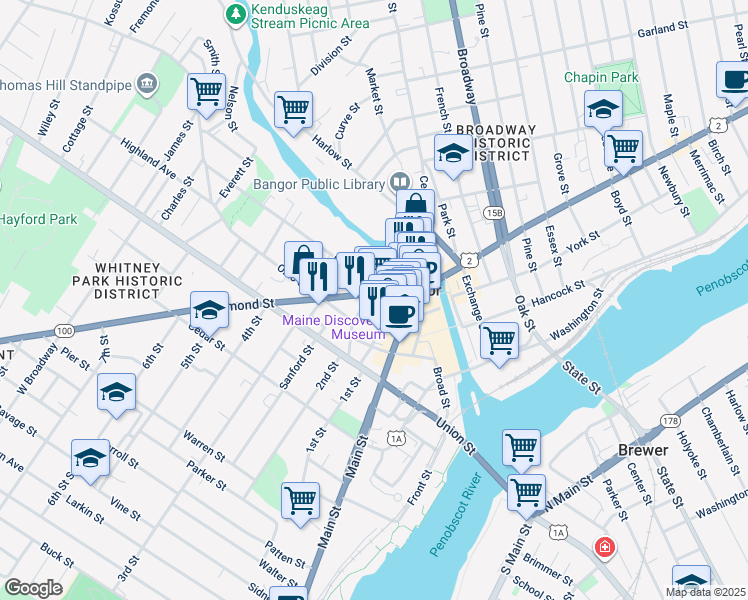map of restaurants, bars, coffee shops, grocery stores, and more near 97 Hammond Street in Bangor
