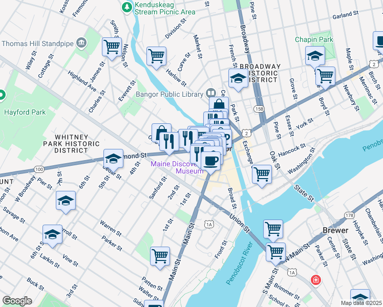 map of restaurants, bars, coffee shops, grocery stores, and more near 97 Hammond Street in Bangor