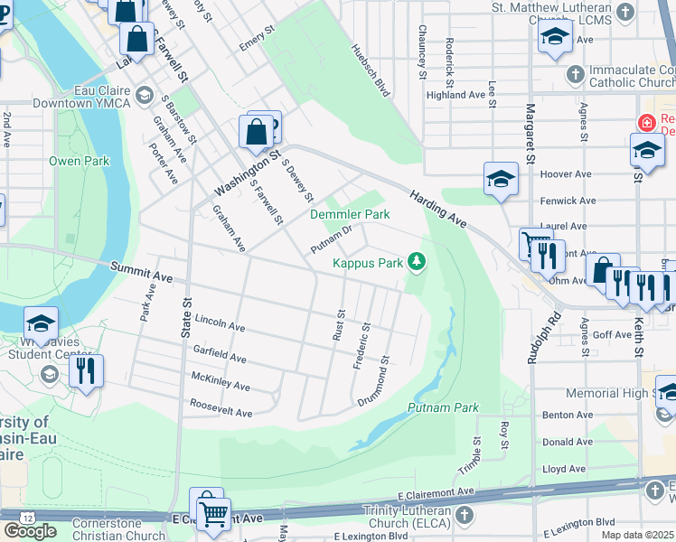 map of restaurants, bars, coffee shops, grocery stores, and more near 1304 Rust Street in Eau Claire