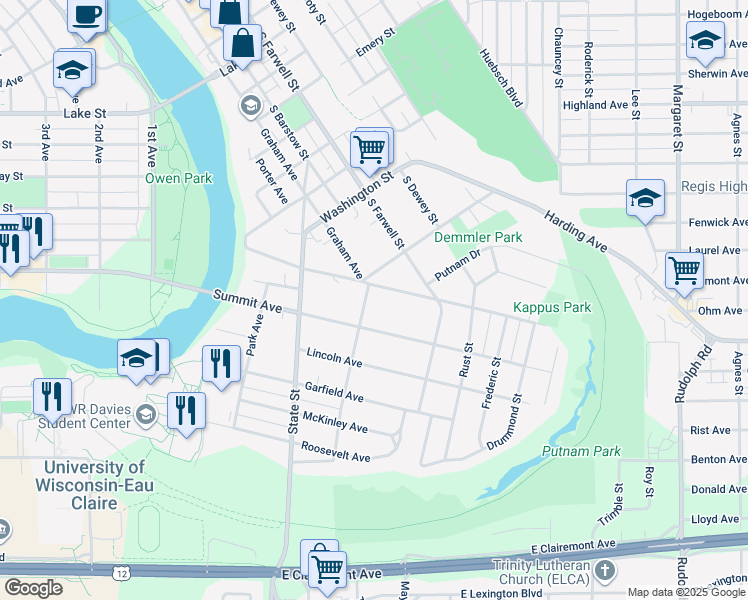 map of restaurants, bars, coffee shops, grocery stores, and more near 414 Gilbert Avenue in Eau Claire