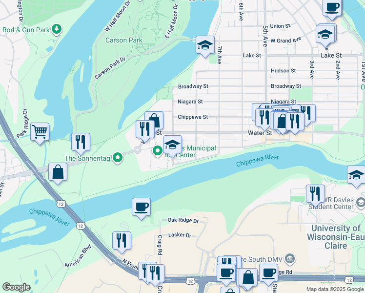 map of restaurants, bars, coffee shops, grocery stores, and more near 809 Water Street in Eau Claire