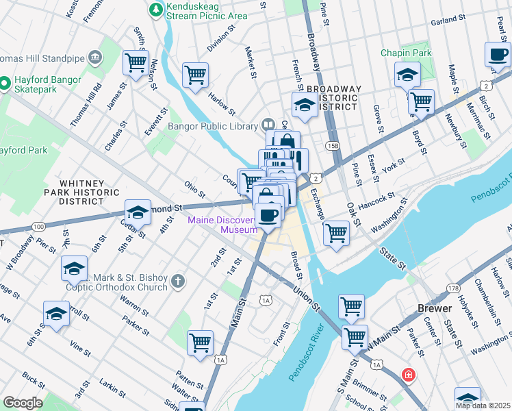 map of restaurants, bars, coffee shops, grocery stores, and more near 84 Hammond Street in Bangor