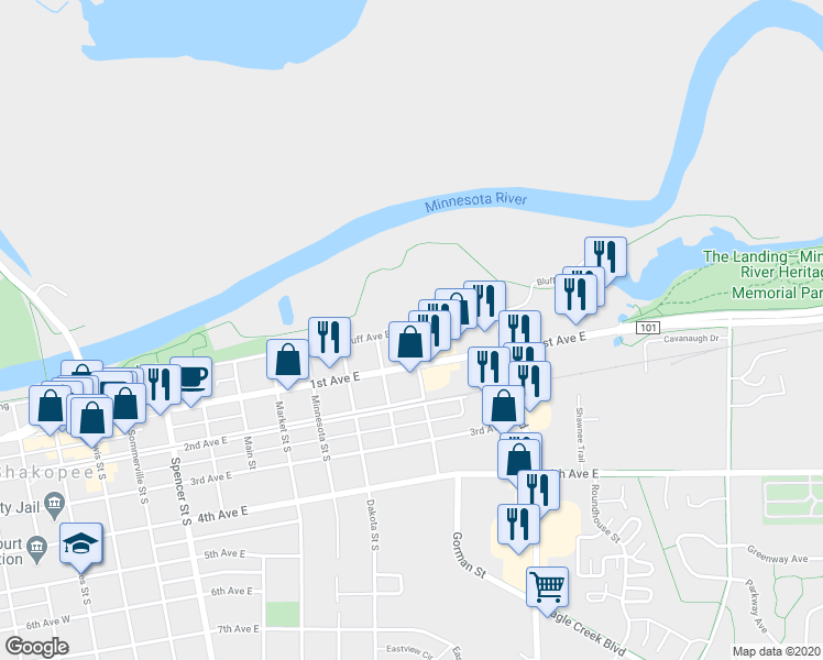 map of restaurants, bars, coffee shops, grocery stores, and more near 1099 Bluff Avenue East in Shakopee