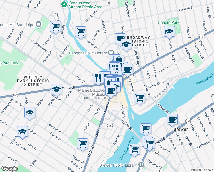 map of restaurants, bars, coffee shops, grocery stores, and more near 29 Franklin Street in Bangor