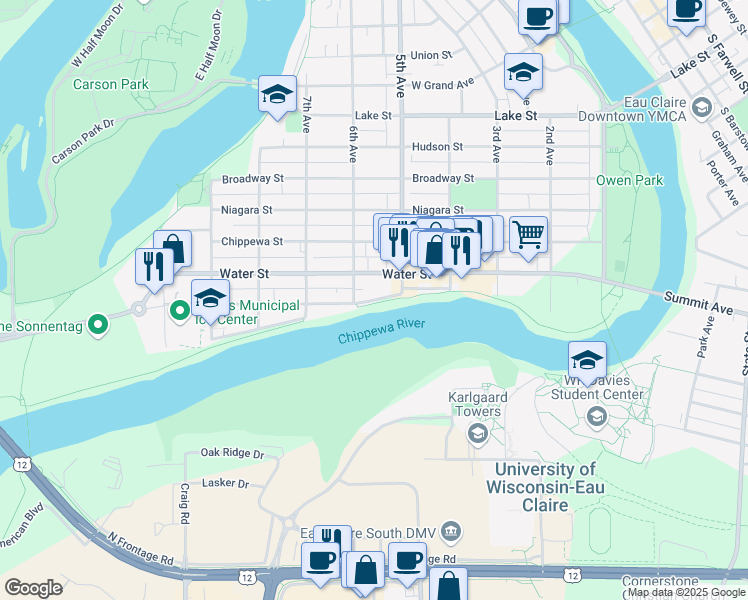 map of restaurants, bars, coffee shops, grocery stores, and more near 526 Menomonie Street in Eau Claire