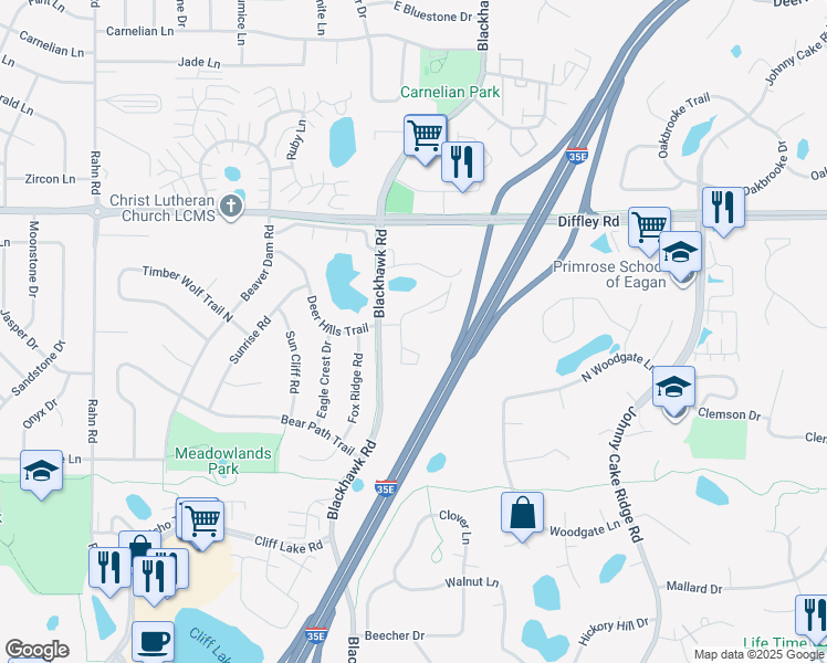 map of restaurants, bars, coffee shops, grocery stores, and more near 1813 Trailway Drive in Eagan