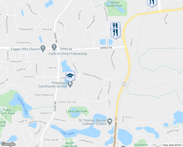 map of restaurants, bars, coffee shops, grocery stores, and more near 581 Hawthorne Woods Drive in Eagan