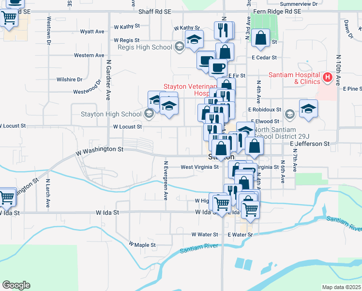 map of restaurants, bars, coffee shops, grocery stores, and more near 400 West Locust Street in Stayton