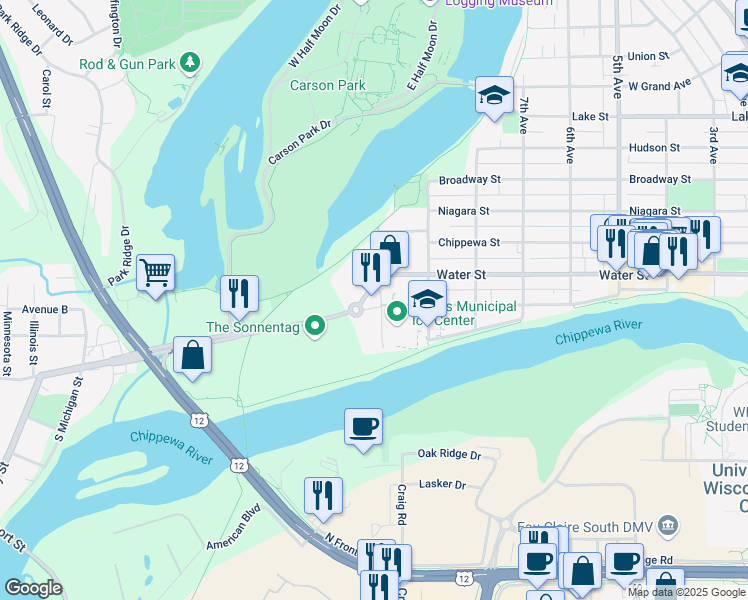 map of restaurants, bars, coffee shops, grocery stores, and more near 1004 Menomonie Street in Eau Claire