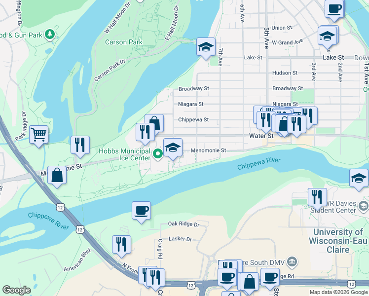 map of restaurants, bars, coffee shops, grocery stores, and more near 822 Menomonie Street in Eau Claire