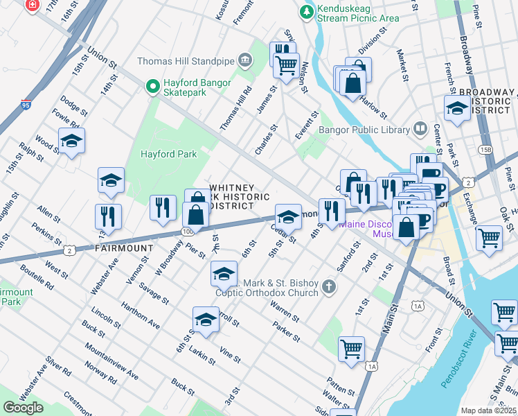 map of restaurants, bars, coffee shops, grocery stores, and more near 16 Hayward Street in Bangor
