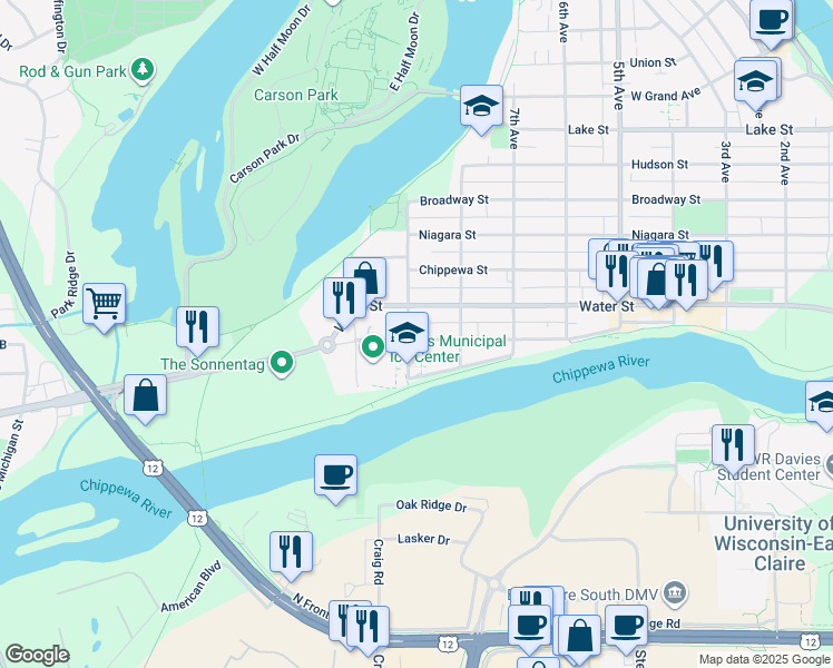 map of restaurants, bars, coffee shops, grocery stores, and more near 908 Water Street in Eau Claire