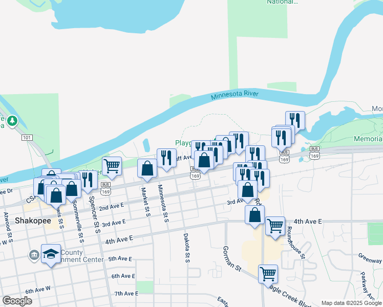 map of restaurants, bars, coffee shops, grocery stores, and more near 1001 Bluff Avenue East in Shakopee
