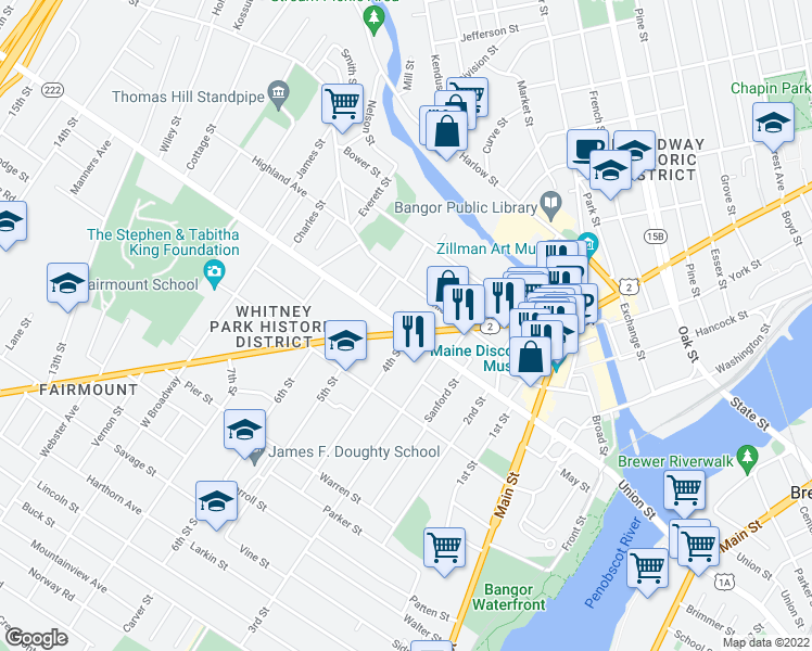 map of restaurants, bars, coffee shops, grocery stores, and more near 251 Union Street in Bangor