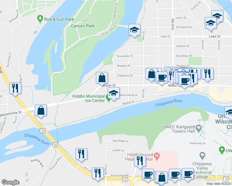 map of restaurants, bars, coffee shops, grocery stores, and more near 838 Menomonie Street in Eau Claire