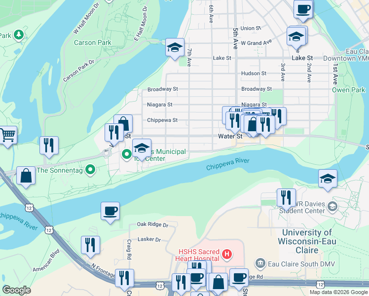 map of restaurants, bars, coffee shops, grocery stores, and more near 725 Water Street in Eau Claire