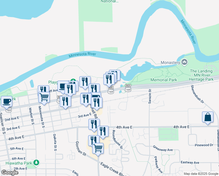 map of restaurants, bars, coffee shops, grocery stores, and more near 1555 1st Avenue East in Shakopee