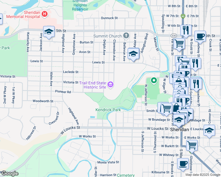 map of restaurants, bars, coffee shops, grocery stores, and more near 400 Clarendon Avenue in Sheridan