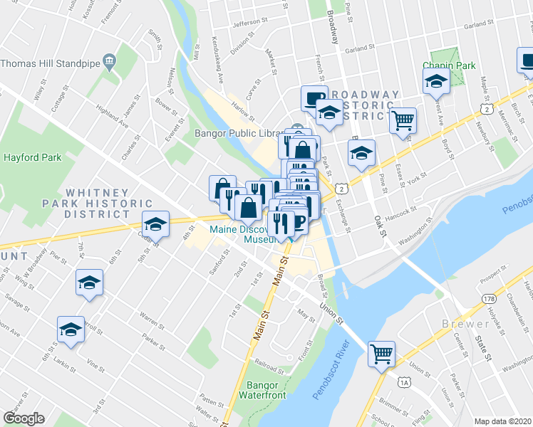 map of restaurants, bars, coffee shops, grocery stores, and more near 90 Hammond Street in Bangor