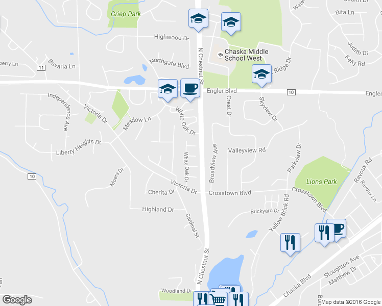 map of restaurants, bars, coffee shops, grocery stores, and more near 1365 White Oak Dr in Chaska