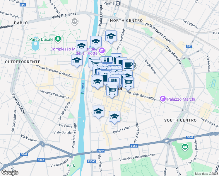map of restaurants, bars, coffee shops, grocery stores, and more near in Parma