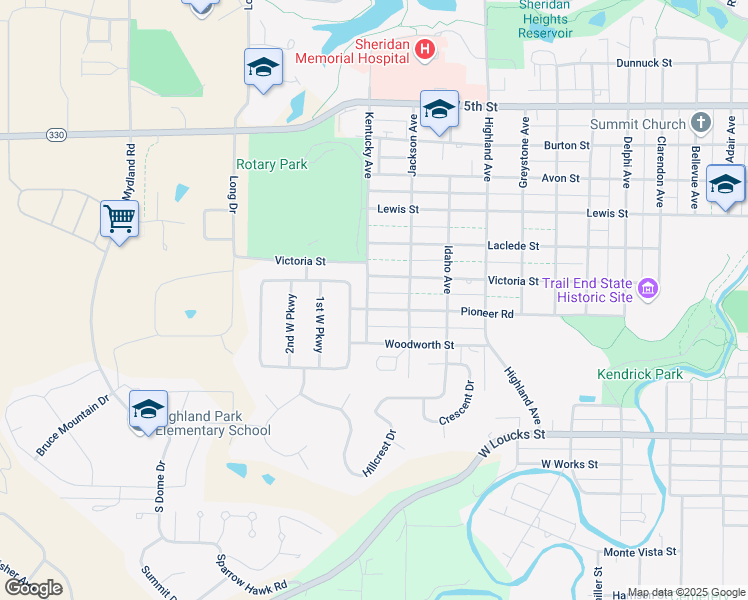 map of restaurants, bars, coffee shops, grocery stores, and more near 457 East Mountain View Drive in Sheridan