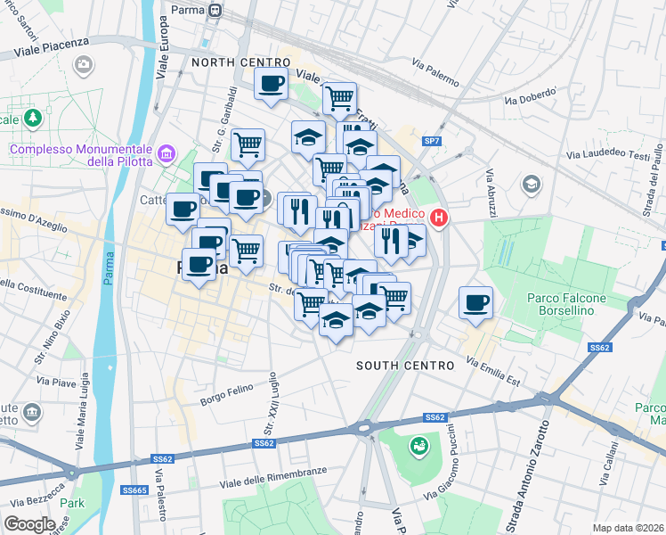 map of restaurants, bars, coffee shops, grocery stores, and more near 9 Via Corso Corsi in Parma