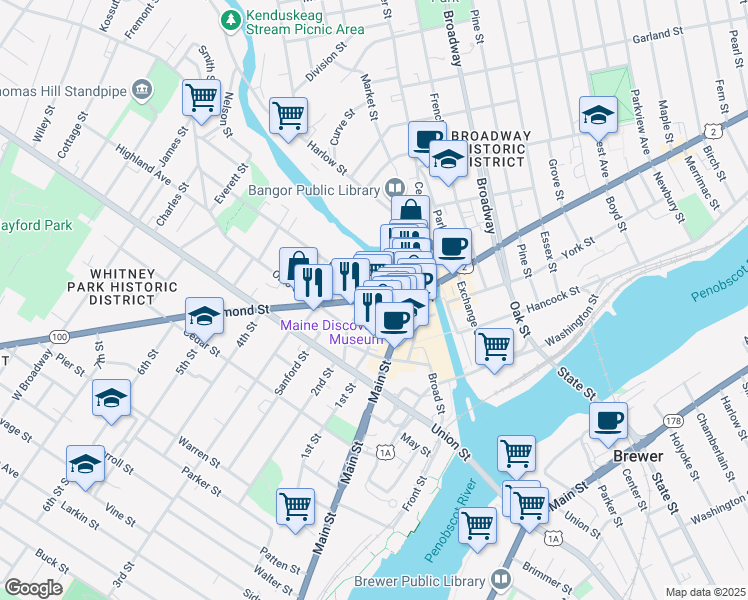 map of restaurants, bars, coffee shops, grocery stores, and more near 84 Hammond Street in Bangor