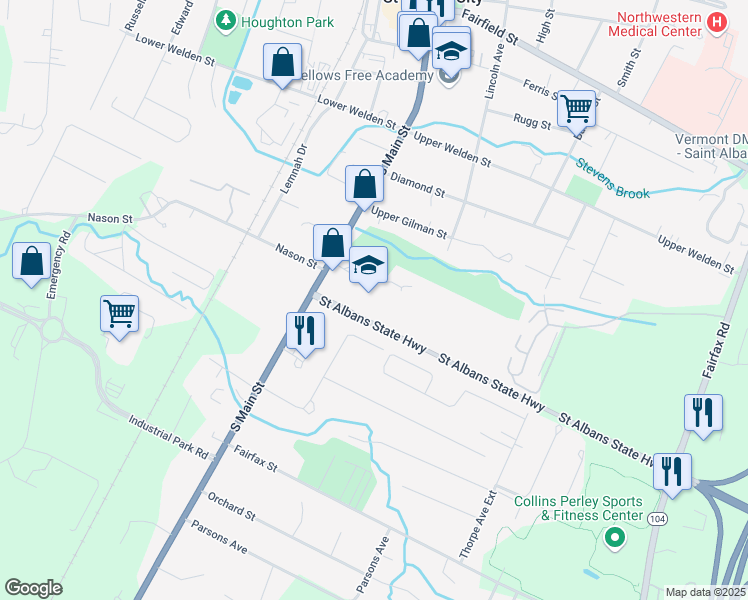 map of restaurants, bars, coffee shops, grocery stores, and more near 169 South Main Street in Saint Albans City