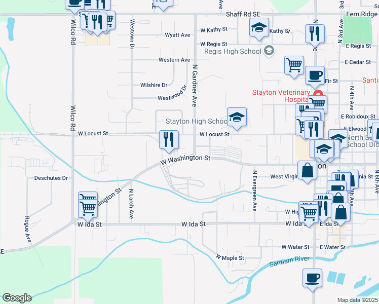 map of restaurants, bars, coffee shops, grocery stores, and more near 1027 West Washington Street in Stayton