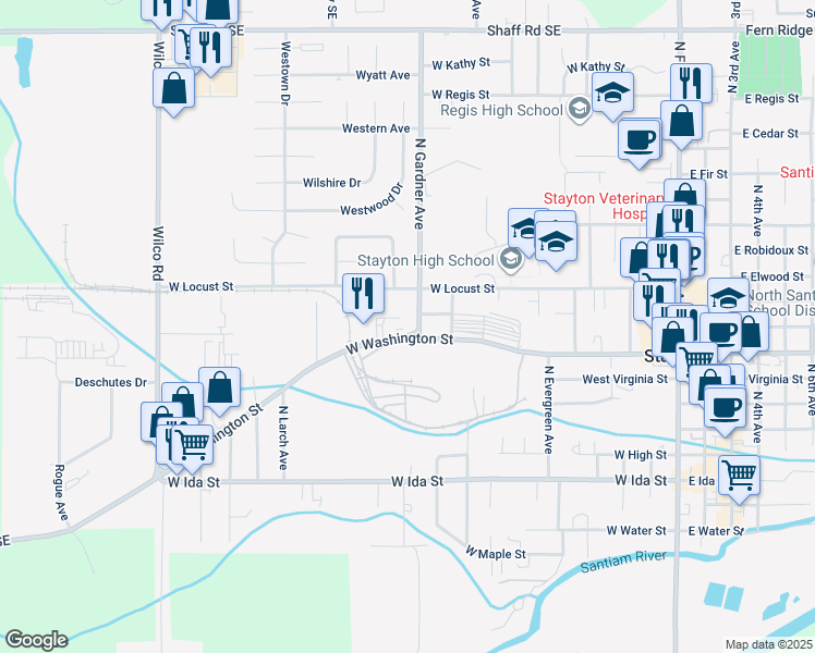 map of restaurants, bars, coffee shops, grocery stores, and more near 901 North Gardner Avenue in Stayton