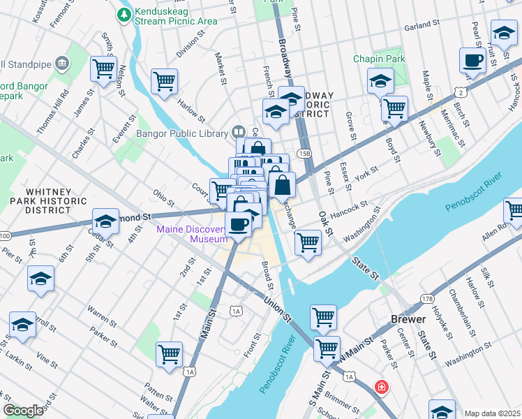 map of restaurants, bars, coffee shops, grocery stores, and more near in Bangor