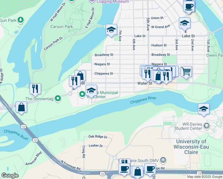 map of restaurants, bars, coffee shops, grocery stores, and more near 725 Water Street in Eau Claire