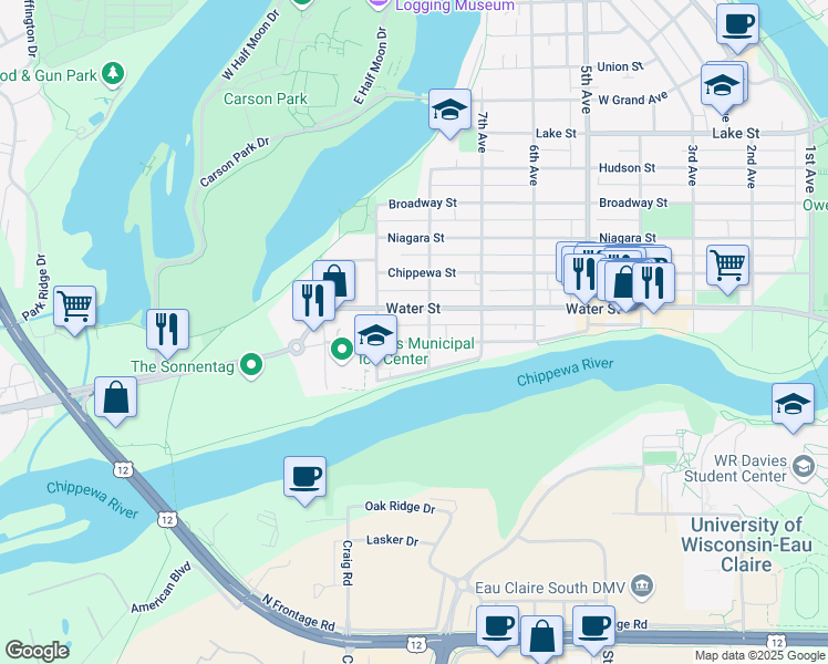 map of restaurants, bars, coffee shops, grocery stores, and more near 809 Water Street in Eau Claire