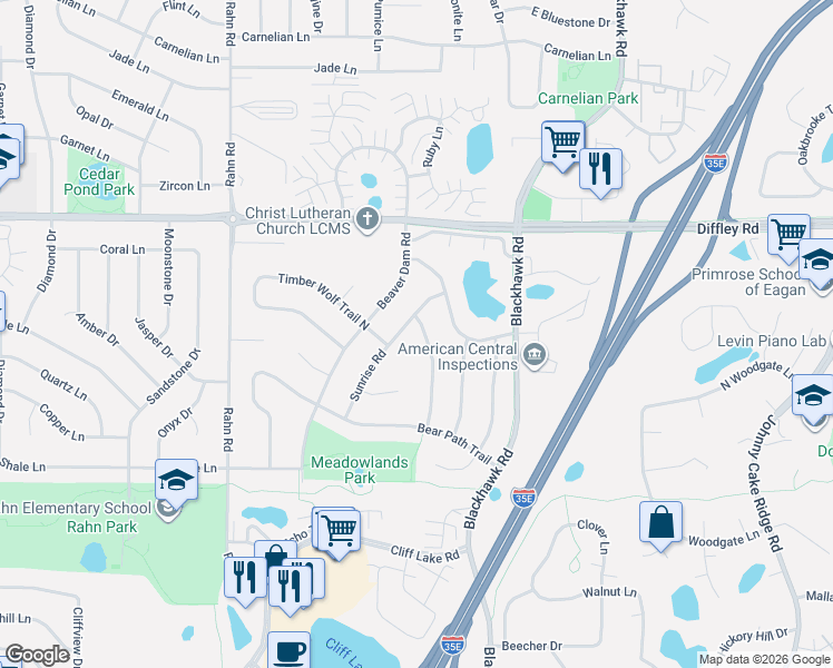map of restaurants, bars, coffee shops, grocery stores, and more near 4257 Sunrise Road in Eagan