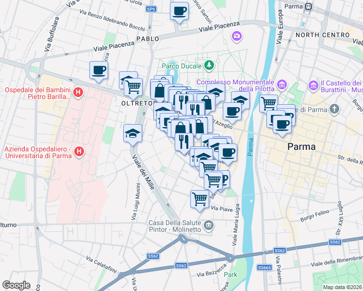 map of restaurants, bars, coffee shops, grocery stores, and more near 1-59 Borgo Pietro Cocconi in Parma