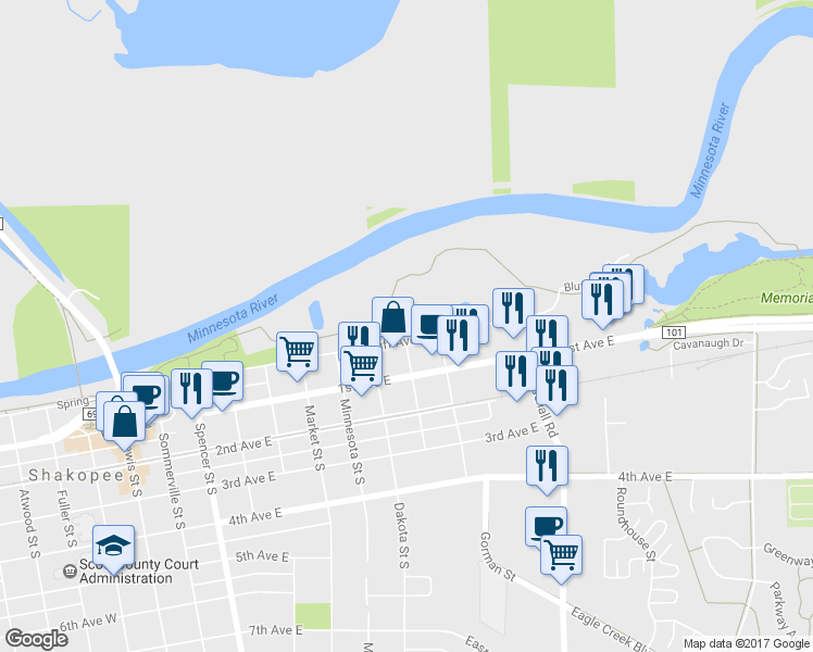 map of restaurants, bars, coffee shops, grocery stores, and more near 1001 Bluff Avenue East in Shakopee