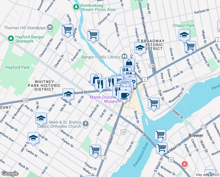 map of restaurants, bars, coffee shops, grocery stores, and more near 97 Hammond Street in Bangor