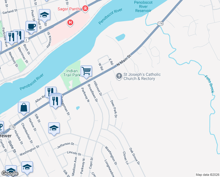 map of restaurants, bars, coffee shops, grocery stores, and more near 11 Bayberry Road in Brewer