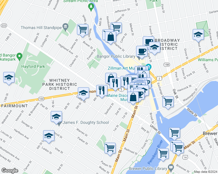 map of restaurants, bars, coffee shops, grocery stores, and more near 30 Ohio Street in Bangor