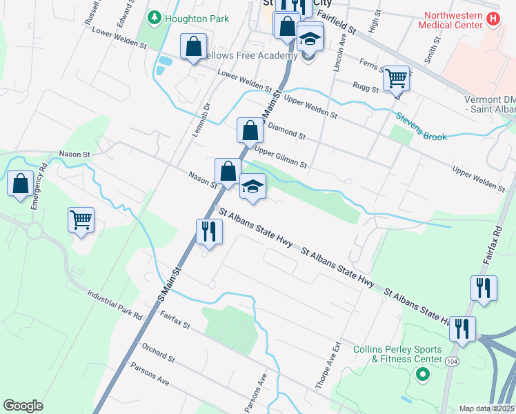 map of restaurants, bars, coffee shops, grocery stores, and more near 169 South Main Street in Saint Albans City
